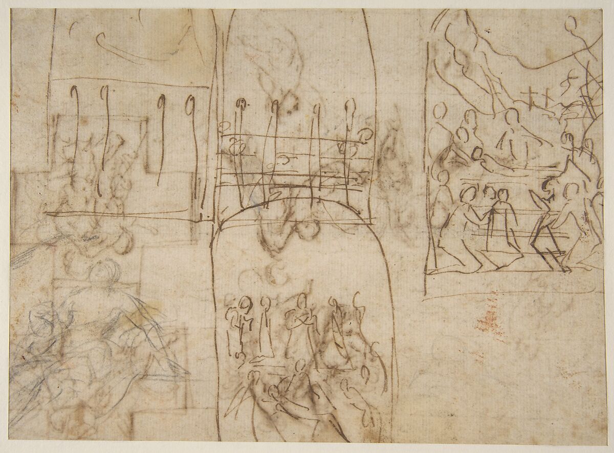 Studies of Flying Putti (recto); Composition Studies (verso), Guido Reni (Italian, Bologna 1575–1642 Bologna), Pen and brown ink (recto); pen and brown ink; female figure at lower left in black chalk (verso)