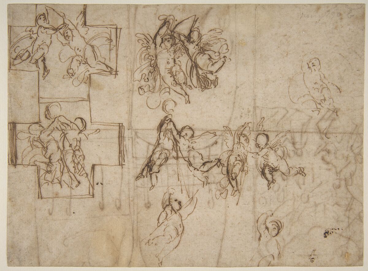 Studies of Flying Putti (recto); Composition Studies (verso), Guido Reni (Italian, Bologna 1575–1642 Bologna), Pen and brown ink (recto); pen and brown ink; female figure at lower left in black chalk (verso) 