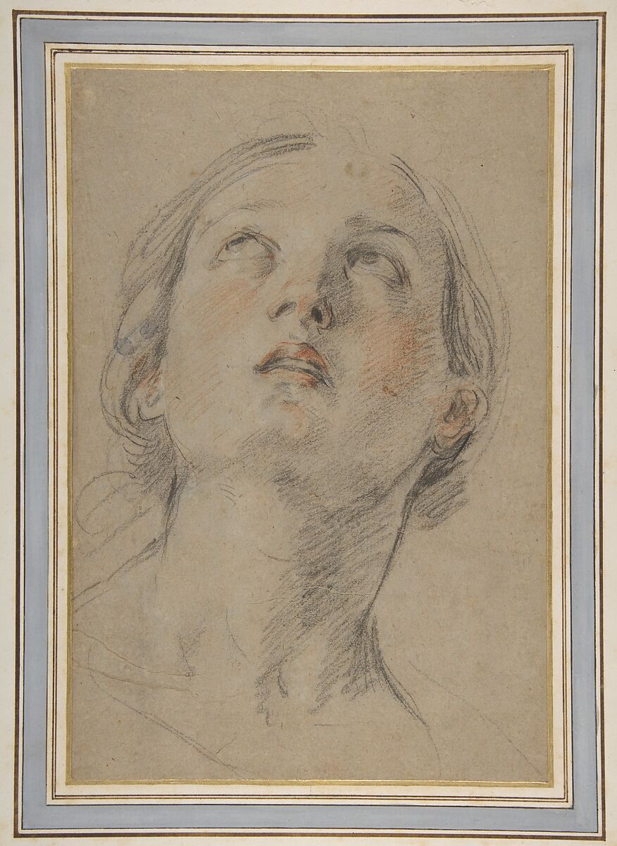 The Head of a Woman Looking Up (Judith), Guido Reni (Italian, Bologna 1575–1642 Bologna), Red and black chalk, on originally blue paper now faded to light brown-gray 