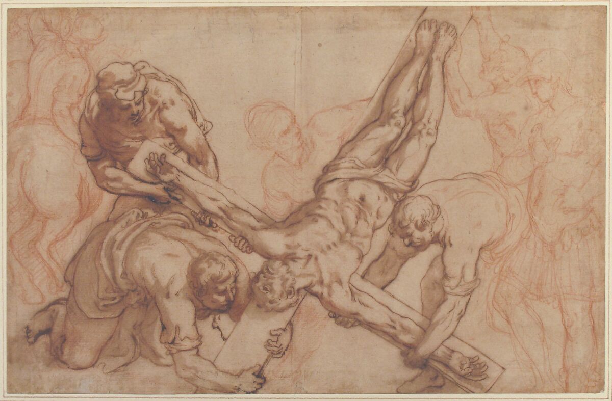 The Martyrdom of Saint Peter, Giovanni Battista Ricci (Giovanni Battista da Novara) (Italian, Novara 1537–1627 Rome), Red chalk, pen and brown ink, brush and brown wash