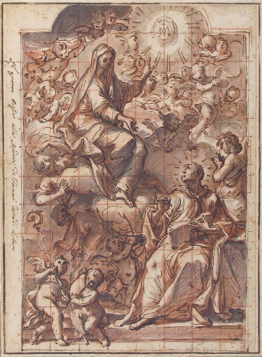 The Virgin Appearing to St. Bernard of Clairvaux, Niccolò Ricciolini (Italian, Rome 1687–1772 Rome), Pen and brown ink, brown and gray wash, over red chalk; squared in red chalk
