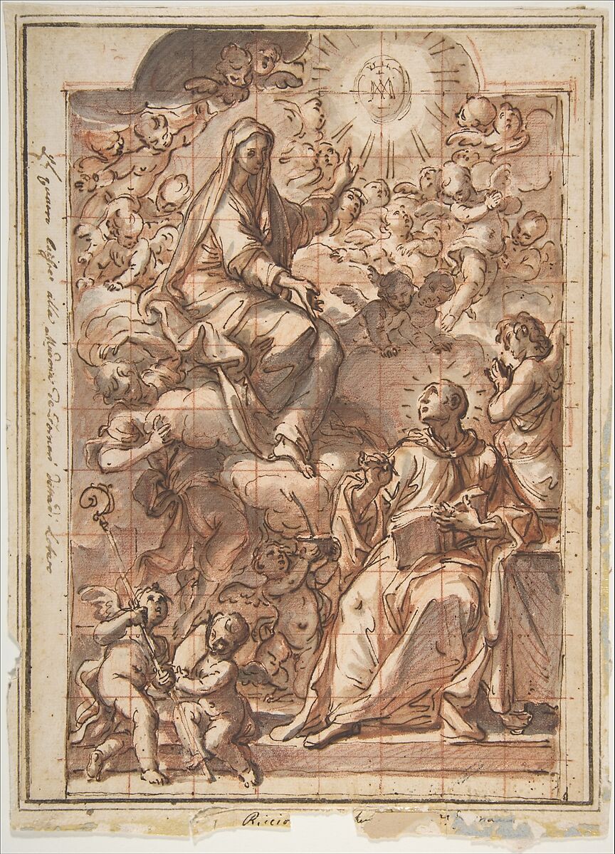 The Virgin Appearing to St. Bernard of Clairvaux, Niccolò Ricciolini (Italian, Rome 1687–1772 Rome), Pen and brown ink, brown and gray wash, over red chalk; squared in red chalk 