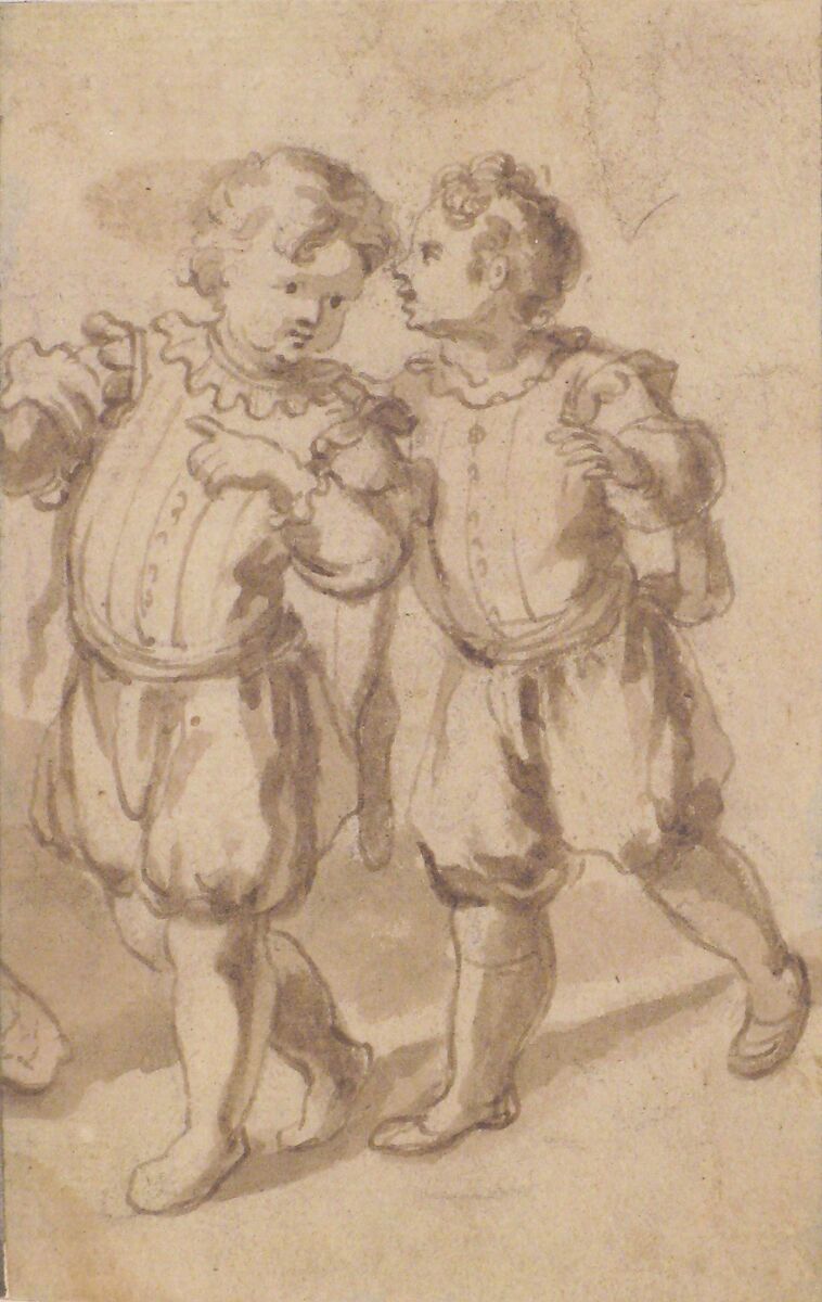 Two Young Page-Boys, Bernardino Rodriguez ("Bernardino Siciliano") (Italian, documented (?) Sicily 1600–1650), Pen and brown ink, brush and brown wash