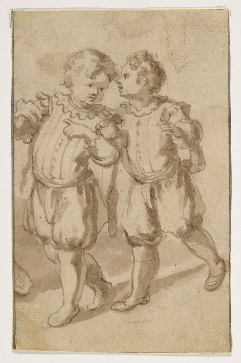 Two Young Page-Boys, Bernardino Rodriguez ("Bernardino Siciliano") (Italian, documented (?) Sicily 1600–1650), Pen and brown ink, brush and brown wash 