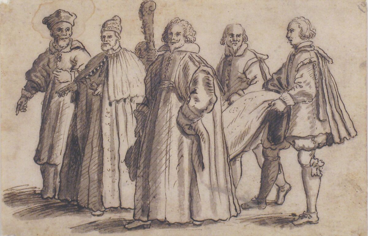 A Doge of Venice with a Cardinal, a Councillor and Servants Bearing the Train, Bernardino Rodriguez ("Bernardino Siciliano") (Italian, documented (?) Sicily 1600–1650), Pen and brown ink, brush and brown wash