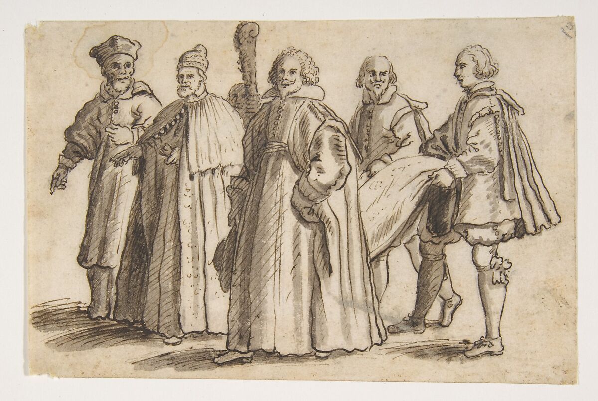 A Doge of Venice with a Cardinal, a Councillor and Servants Bearing the Train, Bernardino Rodriguez ("Bernardino Siciliano") (Italian, documented (?) Sicily 1600–1650), Pen and brown ink, brush and brown wash 
