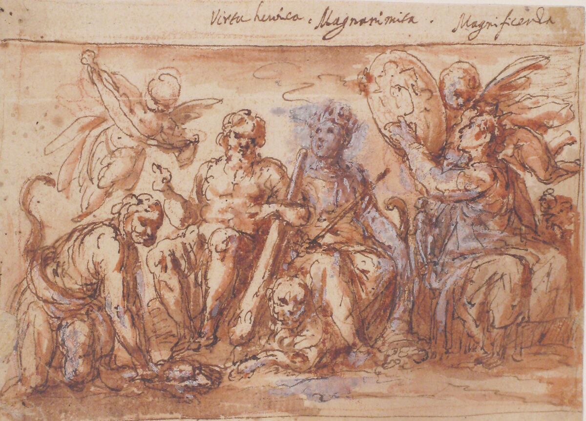 Allegorical Figures: Force, Hercules Strangling the Hydra, Plenty, and Fame, Bernardino Rodriguez ("Bernardino Siciliano") (Italian, documented (?) Sicily 1600–1650), Pen and brown ink, brush and reddish wash, traces of white gouache highlighting, over red chalk