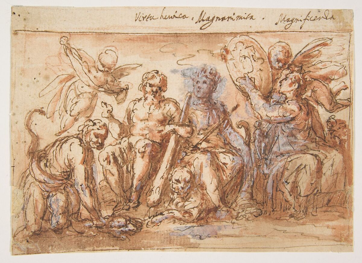 Allegorical Figures: Force, Hercules Strangling the Hydra, Plenty, and Fame, Bernardino Rodriguez ("Bernardino Siciliano") (Italian, documented (?) Sicily 1600–1650), Pen and brown ink, brush and reddish wash, traces of white gouache highlighting, over red chalk 