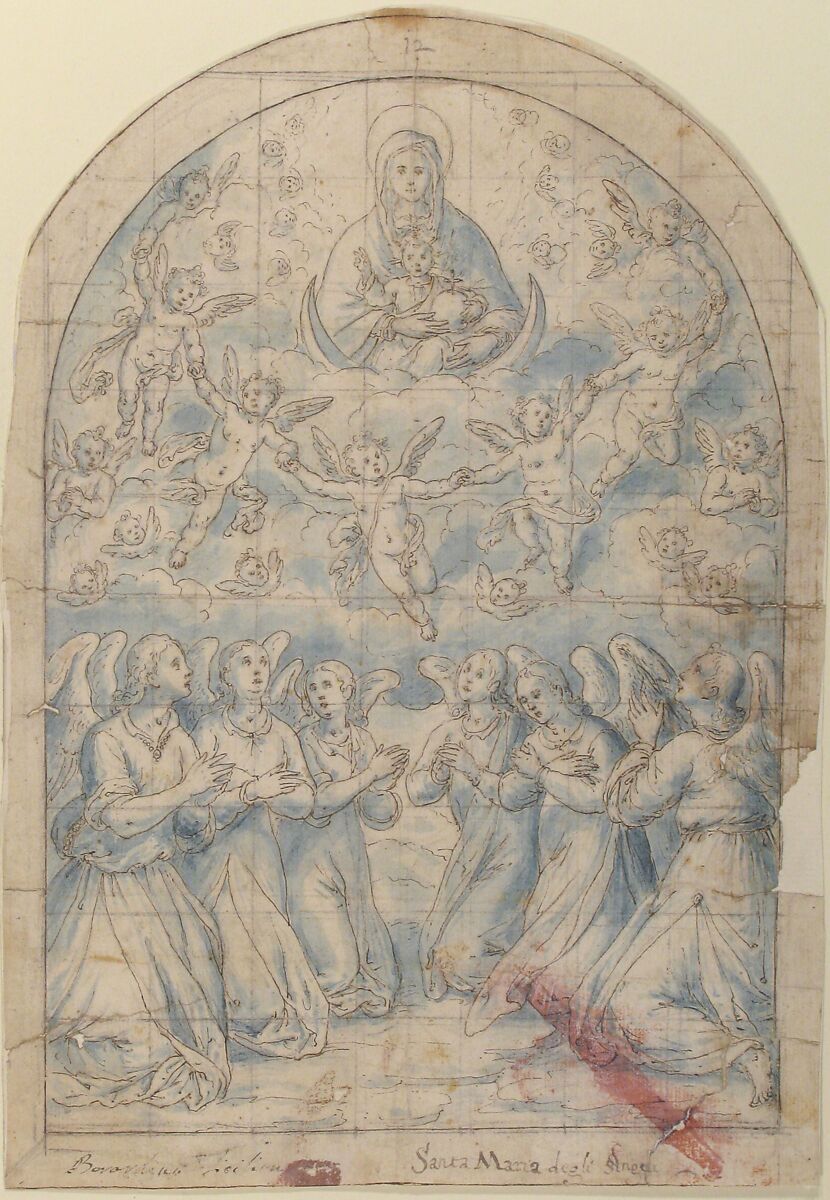 Madonna and Child in Glory Adored by Angels, Bernardino Rodriguez ("Bernardino Siciliano") (Italian, documented (?) Sicily 1600–1650), Pen and brown ink, brush and blue wash; squared for transfer in black chalk