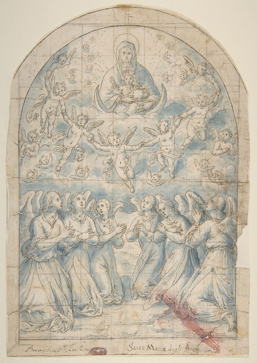 Madonna and Child in Glory Adored by Angels, Bernardino Rodriguez ("Bernardino Siciliano") (Italian, documented (?) Sicily 1600–1650), Pen and brown ink, brush and blue wash; squared for transfer in black chalk 