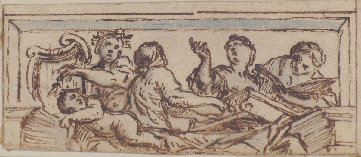 Five Music-Making Figures, Giovanni Francesco Romanelli (Italian, Viterbo ca. 1610–1662 Viterbo), Pen and brown ink, brush and blue wash