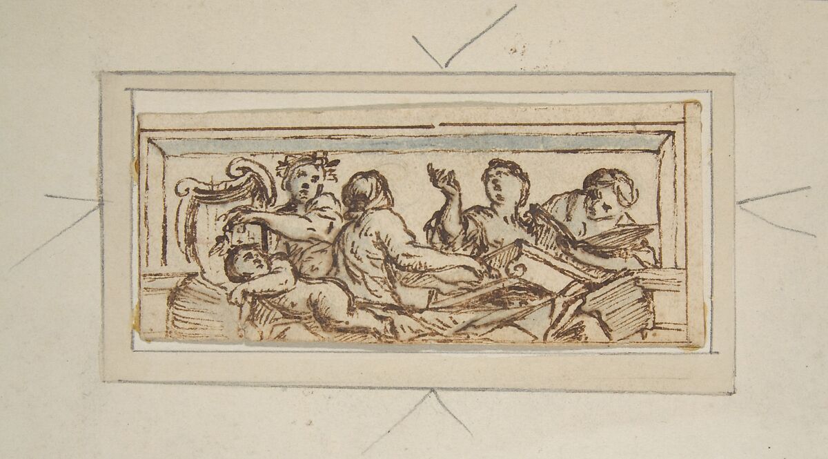 Five Music-Making Figures, Giovanni Francesco Romanelli (Italian, Viterbo ca. 1610–1662 Viterbo), Pen and brown ink, brush and blue wash 