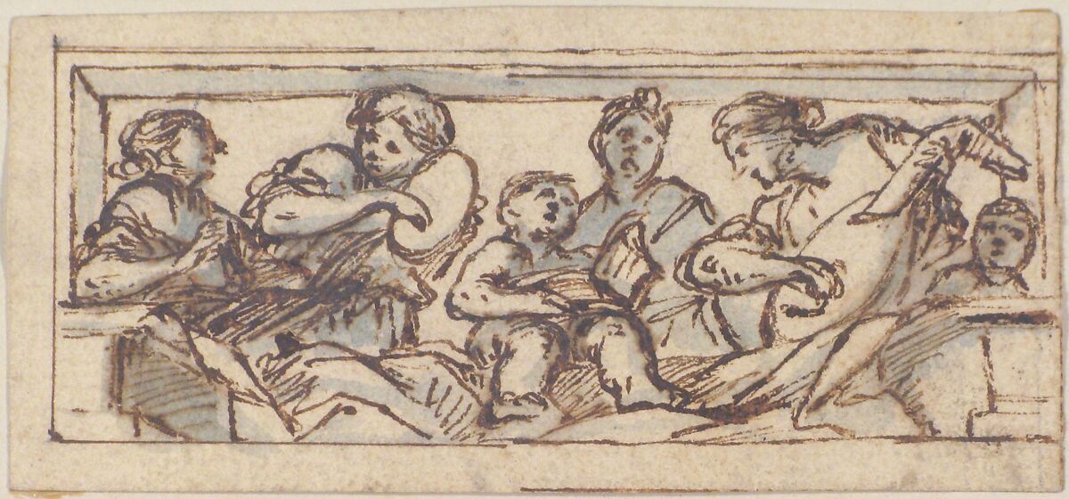 Six Music-Making Figures, Giovanni Francesco Romanelli (Italian, Viterbo ca. 1610–1662 Viterbo), Pen and brown ink, brush and blue wash