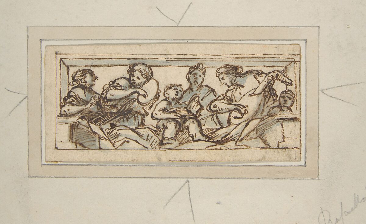 Six Music-Making Figures, Giovanni Francesco Romanelli (Italian, Viterbo ca. 1610–1662 Viterbo), Pen and brown ink, brush and blue wash 