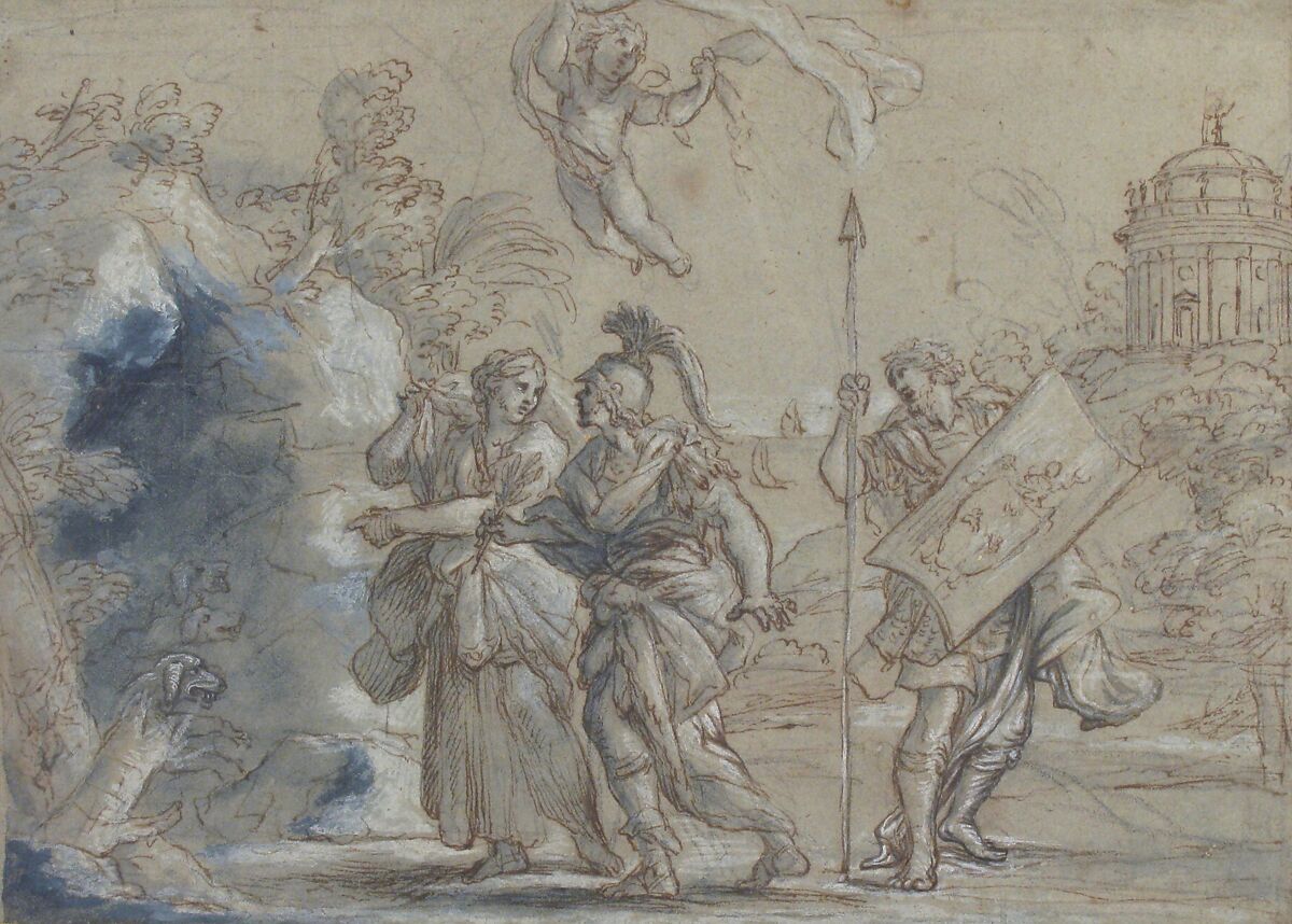Aeneas and the Cumaean Sibyl Entering the Infernal Regions, Giovanni Francesco Romanelli (Italian, Viterbo ca. 1610–1662 Viterbo), Pen and brown ink, brush and blue wash, highlighted with white, over black chalk, on blue-gray paper