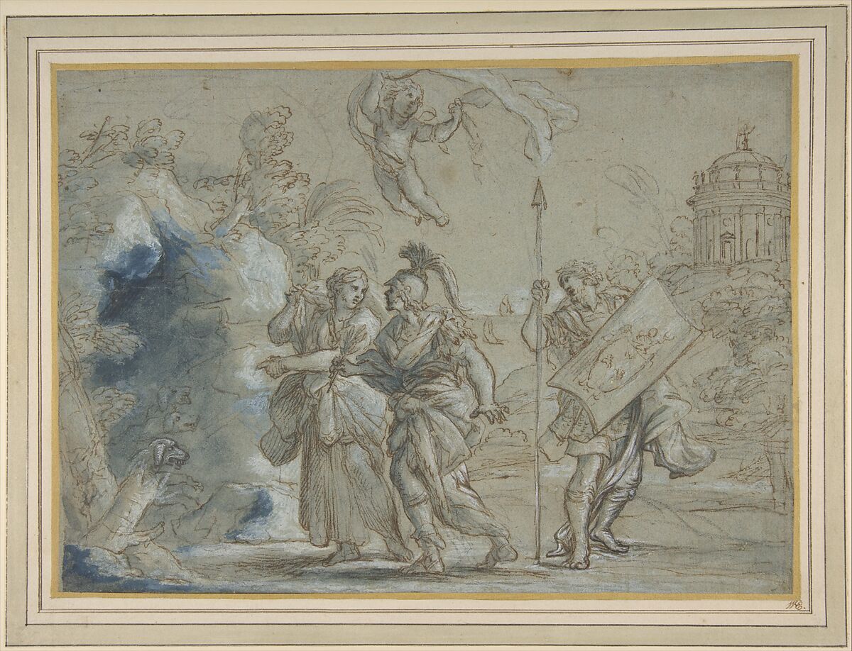 Aeneas and the Cumaean Sibyl Entering the Infernal Regions, Giovanni Francesco Romanelli (Italian, Viterbo ca. 1610–1662 Viterbo), Pen and brown ink, brush and blue wash, highlighted with white, over black chalk, on blue-gray paper 