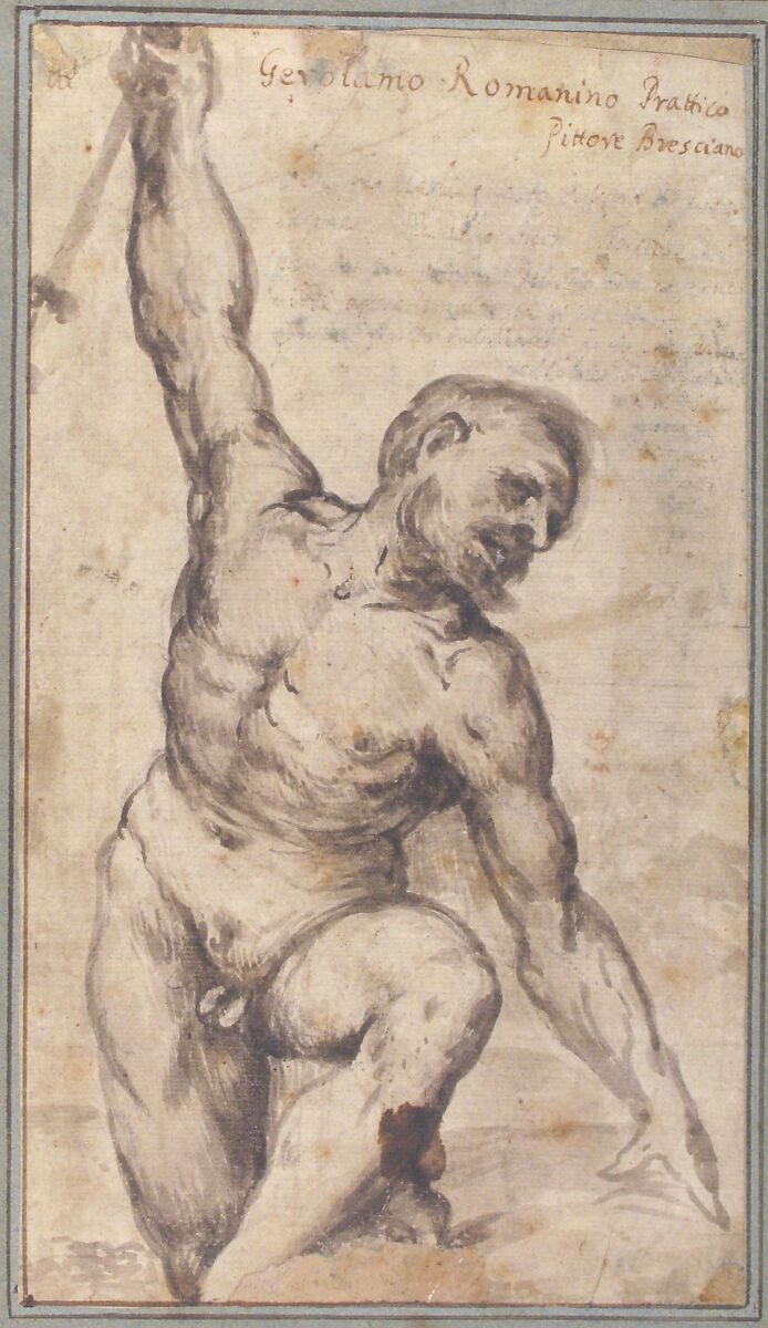 Nude Male Figure with Upraised Right Arm, Girolamo Romanino (Italian, Brescia 1484/87–1560 Brescia), Brush and brown wash, over slight traces of black chalk