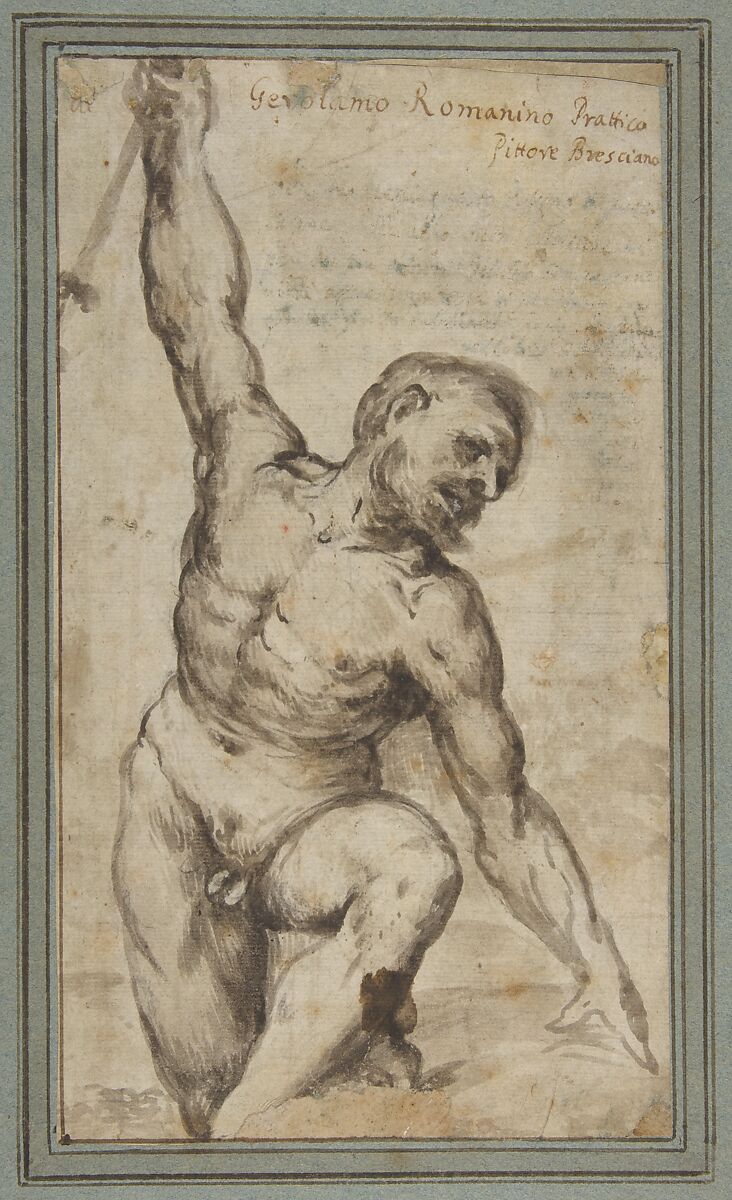 Nude Male Figure with Upraised Right Arm, Girolamo Romanino (Italian, Brescia 1484/87–1560 Brescia), Brush and brown wash, over slight traces of black chalk 