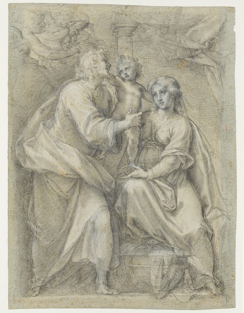 The Holy Family with Angels, Pomarancio (Cristoforo Roncalli) (Italian, Pomarance ca. 1553–1626 Rome), Black chalk highlighted with white chalk on blue paper