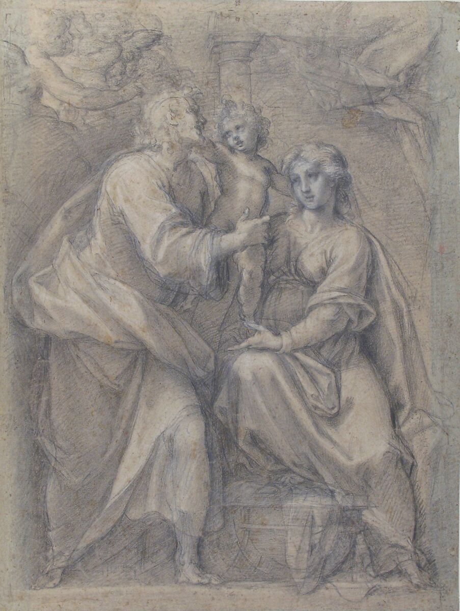 The Holy Family with Angels, Pomarancio (Cristoforo Roncalli) (Italian, Pomarance ca. 1553–1626 Rome), Black chalk highlighted with white chalk on blue paper