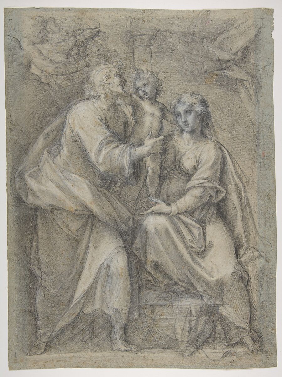 The Holy Family with Angels, Pomarancio (Cristoforo Roncalli)  Italian, Black chalk highlighted with white chalk on blue paper
