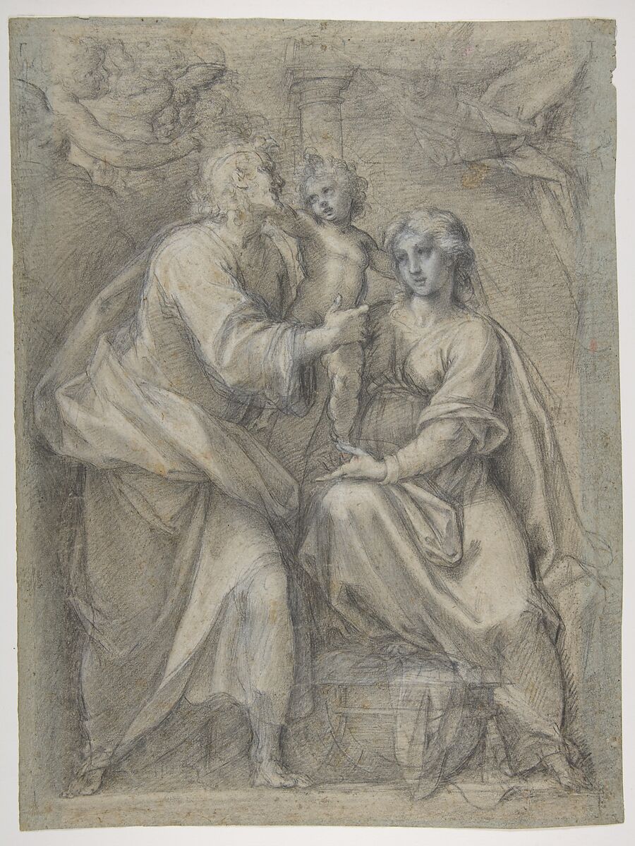 The Holy Family with Angels, Pomarancio (Cristoforo Roncalli) (Italian, Pomarance ca. 1553–1626 Rome), Black chalk highlighted with white chalk on blue paper 