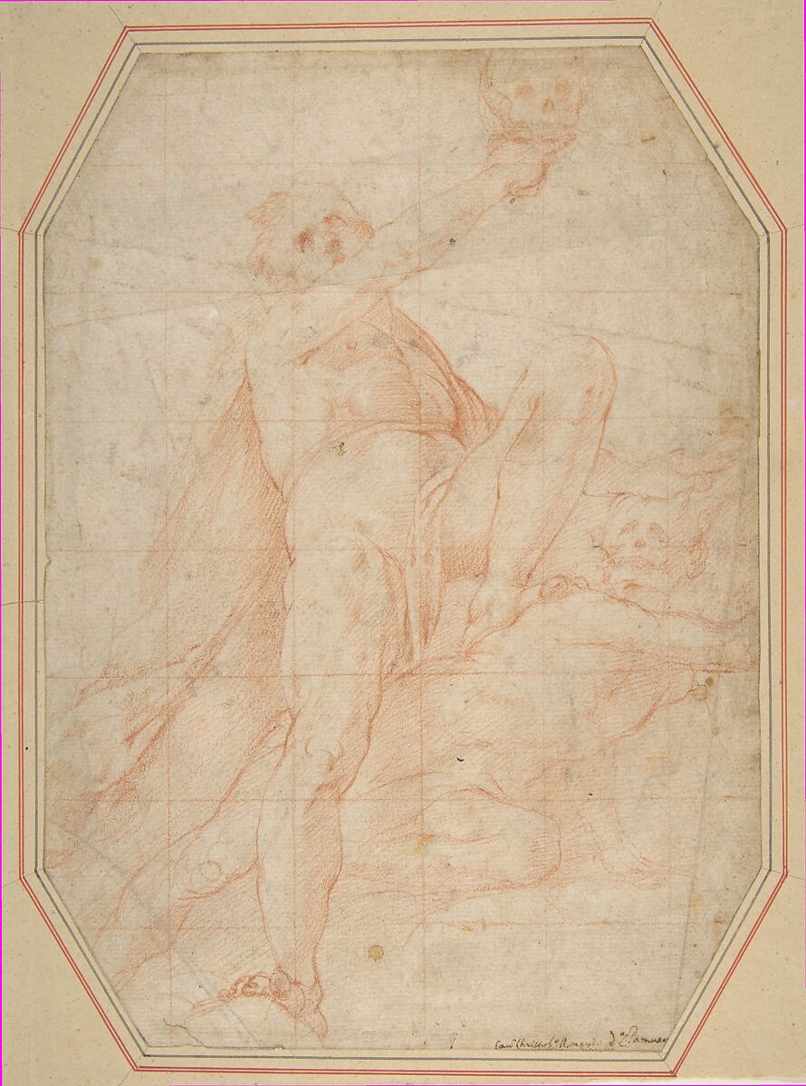 Two Nudes Seen from Below (recto); Male Figure with Upraised Arm (verso), Pomarancio (Cristoforo Roncalli) (Italian, Pomarance ca. 1553–1626 Rome), Red chalk (recto and verso); squared in red chalk 