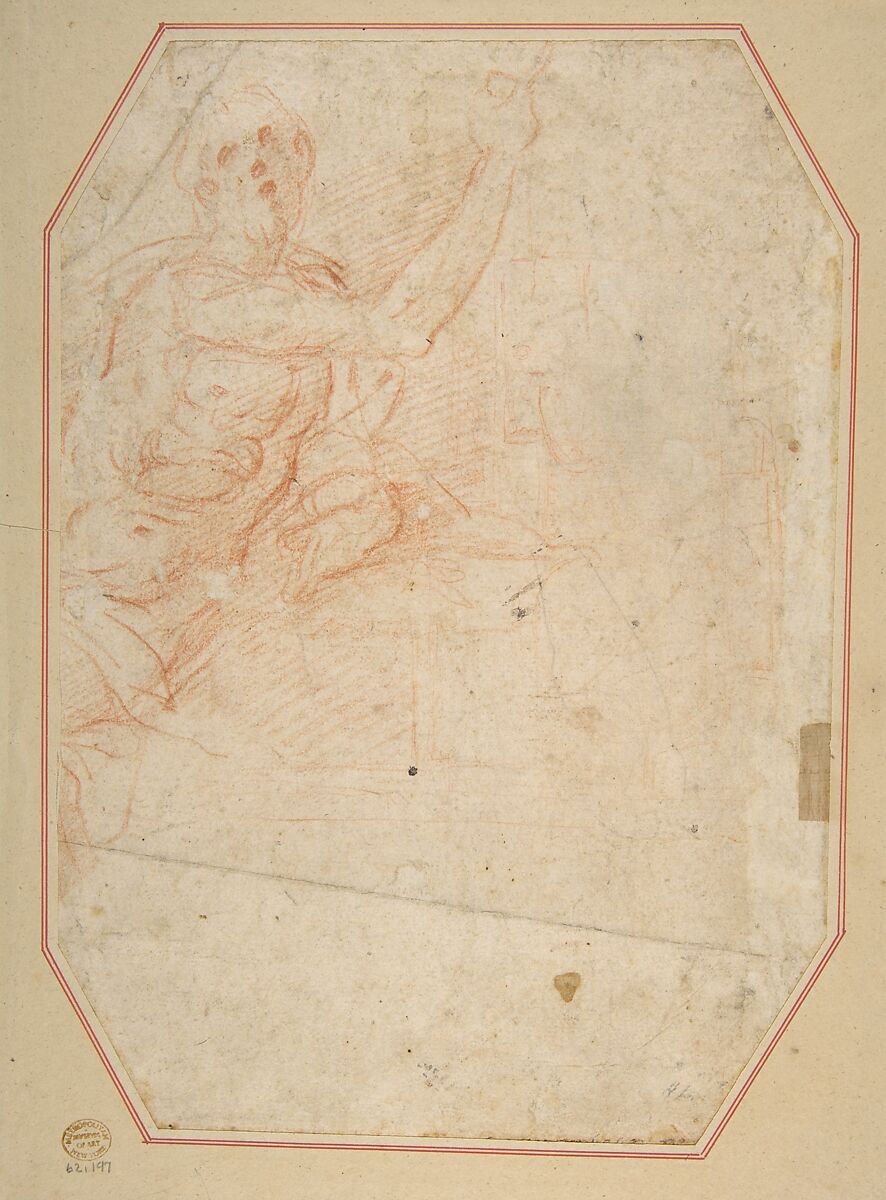 Two Nudes Seen from Below (recto); Male Figure with Upraised Arm (verso), Pomarancio (Cristoforo Roncalli) (Italian, Pomarance ca. 1553–1626 Rome), Red chalk (recto and verso); squared in red chalk