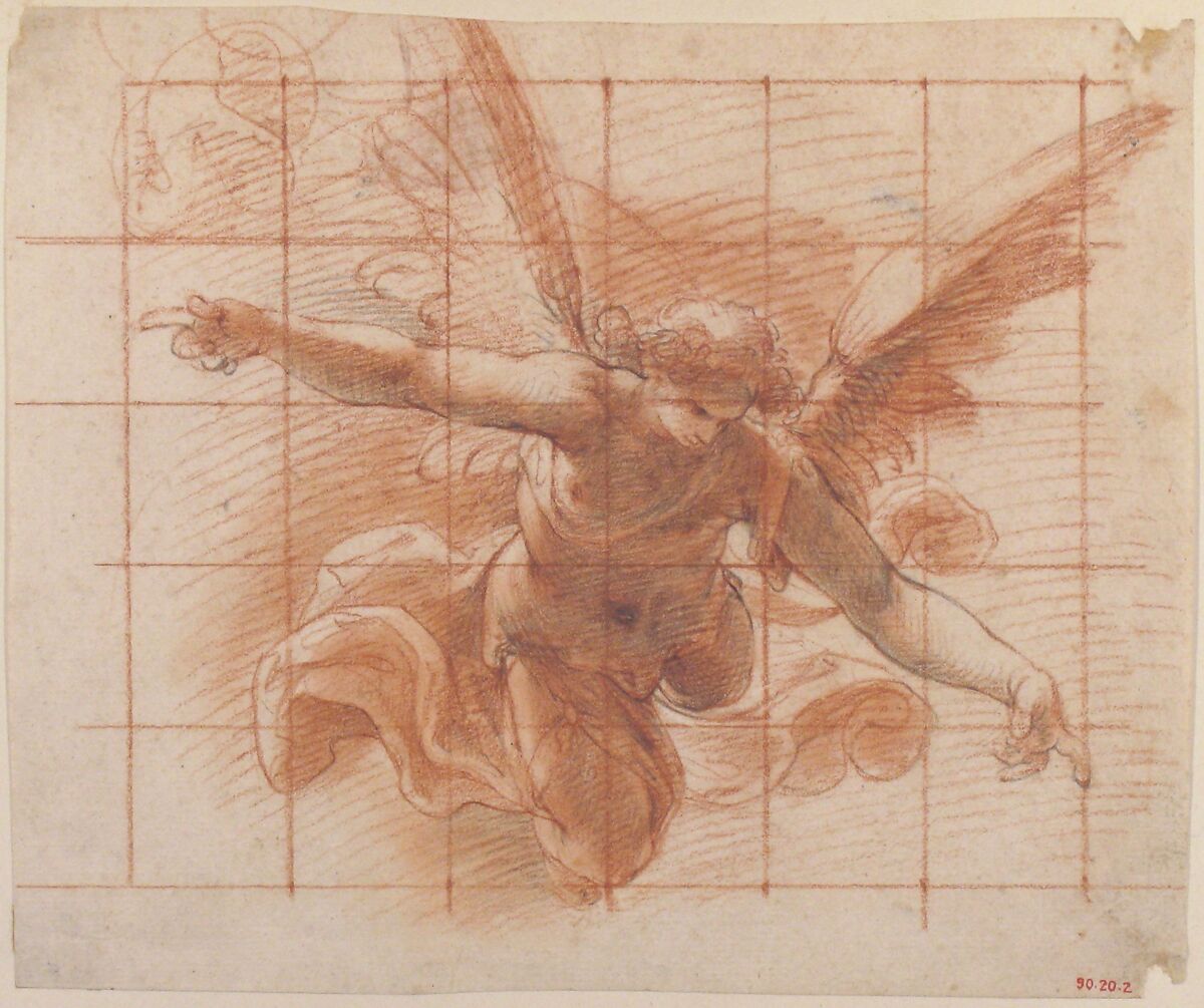 Flying Angel, Attributed to Pomarancio (Cristoforo Roncalli) (Italian, Pomarance ca. 1553–1626 Rome), Red and some black chalk; squared in red chalk