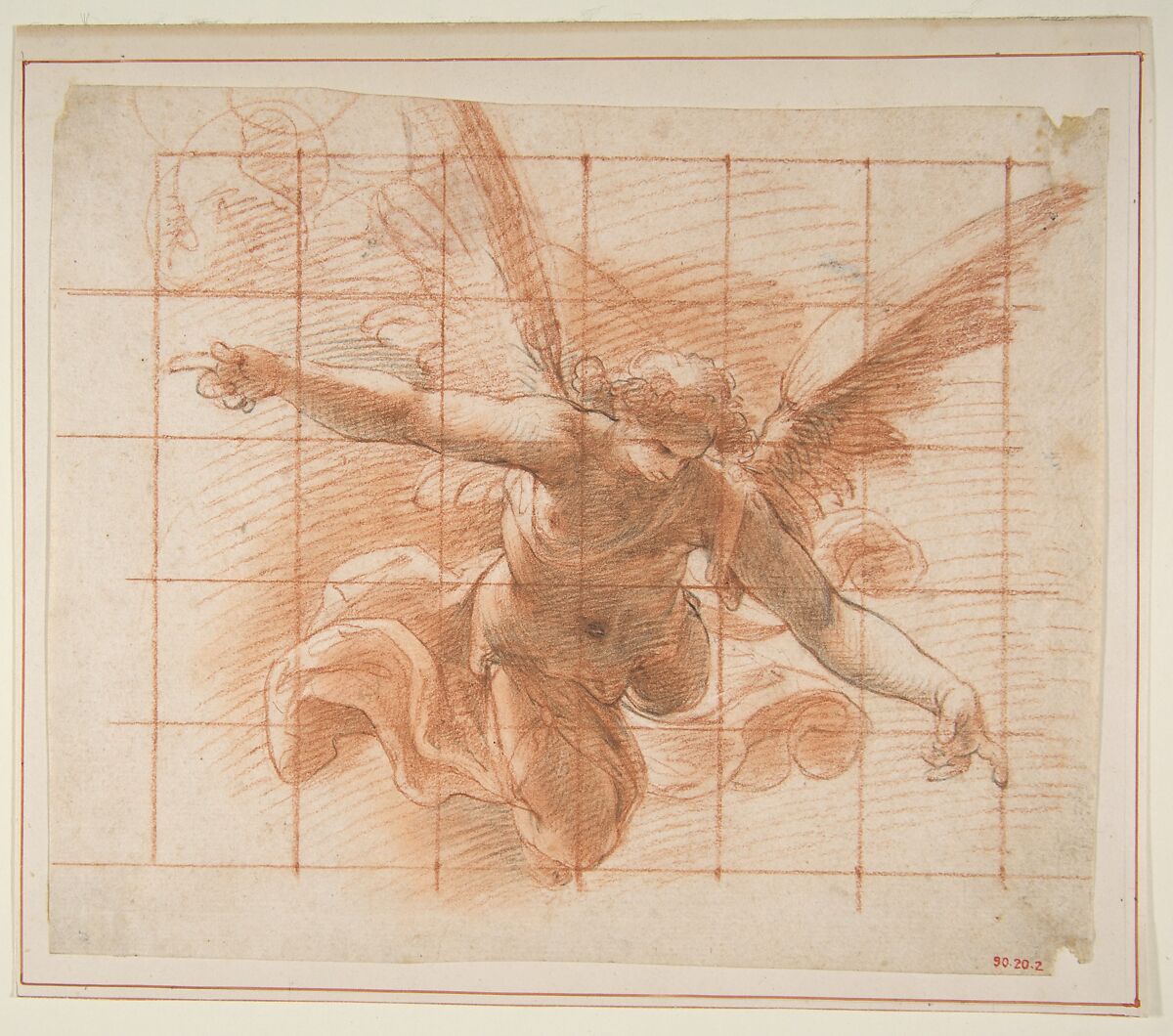Flying Angel, Attributed to Pomarancio (Cristoforo Roncalli) (Italian, Pomarance ca. 1553–1626 Rome), Red and some black chalk; squared in red chalk 