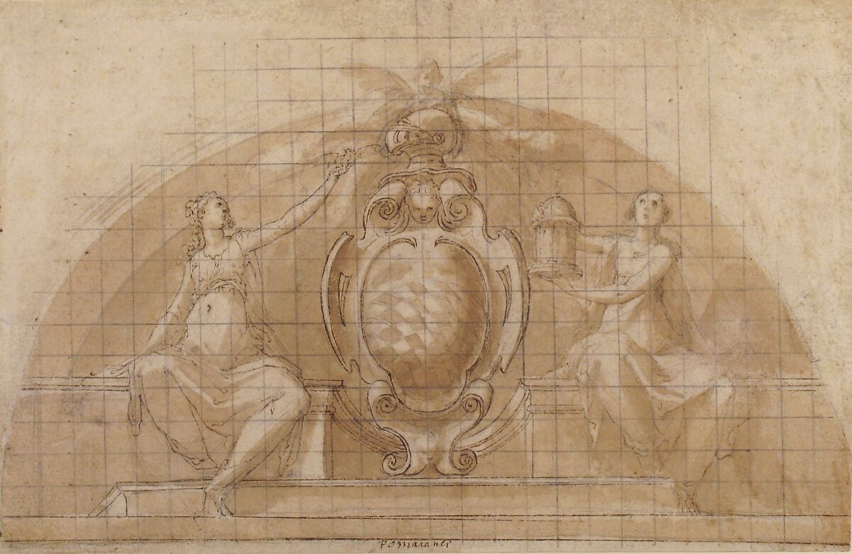 Design for a Lunette Decoration: Coat of Arms Flanked by Seated Allegorical Figures (recto and verso), Attributed to Pomarancio (Cristoforo Roncalli) (Italian, Pomarance ca. 1553–1626 Rome), Pen and brown ink, brush and brown wash, over black chalk (recto); red and black chalk, pen and brown ink, brush and brown wash, on (verso); squared in black chalk