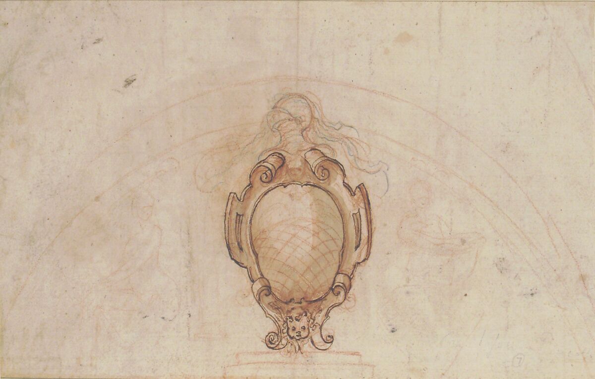 Design for a Lunette Decoration: Coat of Arms Flanked by Seated Allegorical Figures (recto and verso), Attributed to Pomarancio (Cristoforo Roncalli) (Italian, Pomarance ca. 1553–1626 Rome), Pen and brown ink, brush and brown wash, over black chalk (recto); red and black chalk, pen and brown ink, brush and brown wash, on (verso); squared in black chalk