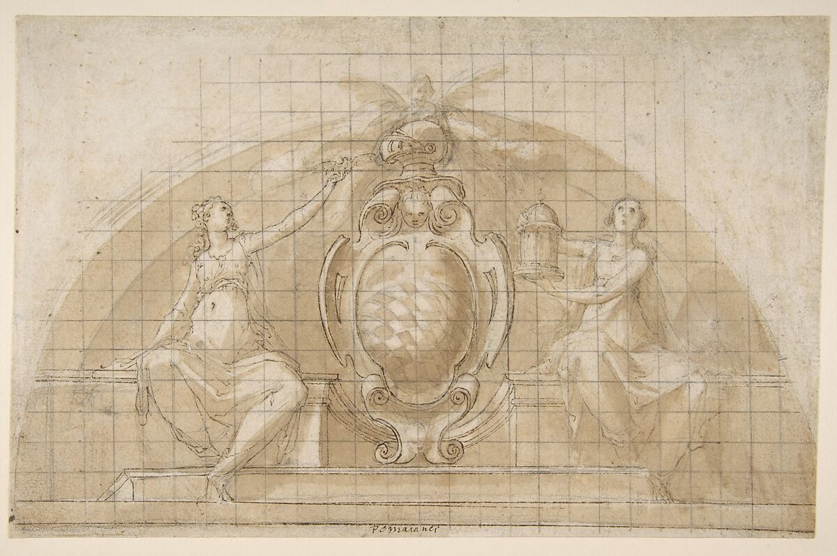 Design for a Lunette Decoration: Coat of Arms Flanked by Seated Allegorical Figures (recto and verso), Attributed to Pomarancio (Cristoforo Roncalli) (Italian, Pomarance ca. 1553–1626 Rome), Pen and brown ink, brush and brown wash, over black chalk (recto); red and black chalk, pen and brown ink, brush and brown wash, on (verso); squared in black chalk 