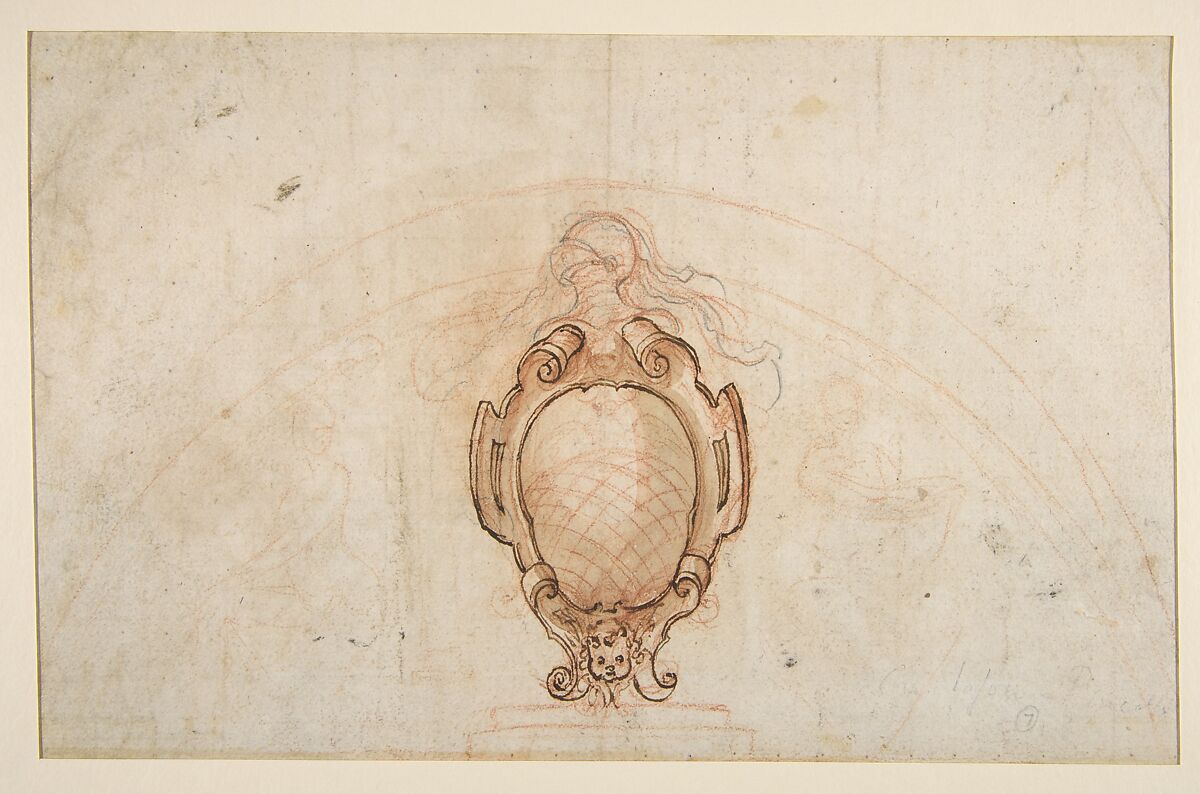 Design for a Lunette Decoration: Coat of Arms Flanked by Seated Allegorical Figures (recto and verso), Attributed to Pomarancio (Cristoforo Roncalli) (Italian, Pomarance ca. 1553–1626 Rome), Pen and brown ink, brush and brown wash, over black chalk (recto); red and black chalk, pen and brown ink, brush and brown wash, on (verso); squared in black chalk
