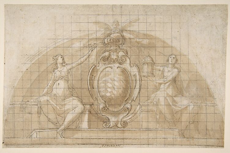 Design for a Lunette Decoration: Coat of Arms Flanked by Seated Allegorical Figures (recto and verso)