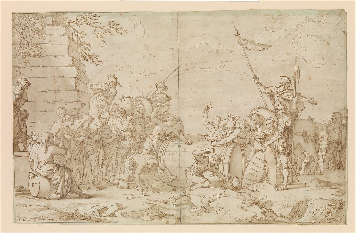 Death of Regulus, After Salvator Rosa (Italian, Arenella (Naples) 1615–1673 Rome), Pen and brown ink, brush and brown wash, on faded light green paper 