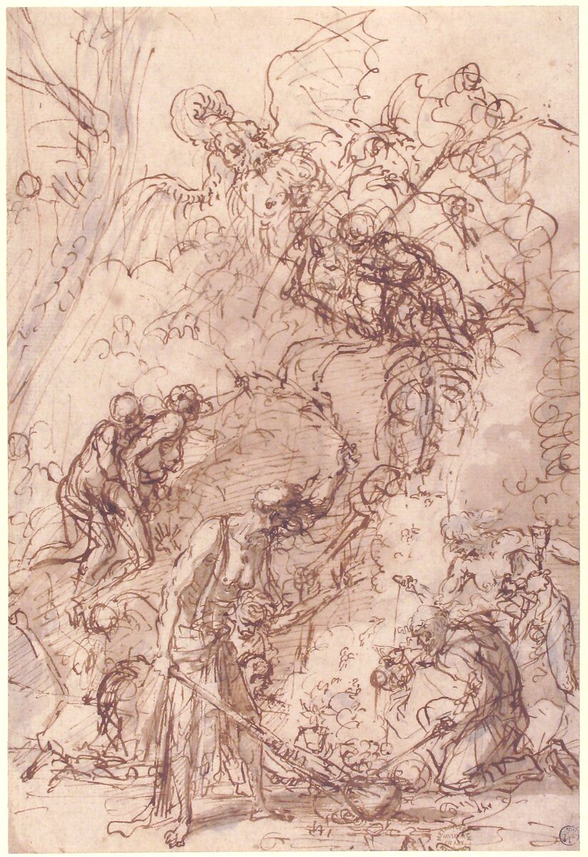 Witches' Sabbath, Salvator Rosa (Italian, Arenella (Naples) 1615–1673 Rome), Pen and brown ink, brush and brown wash