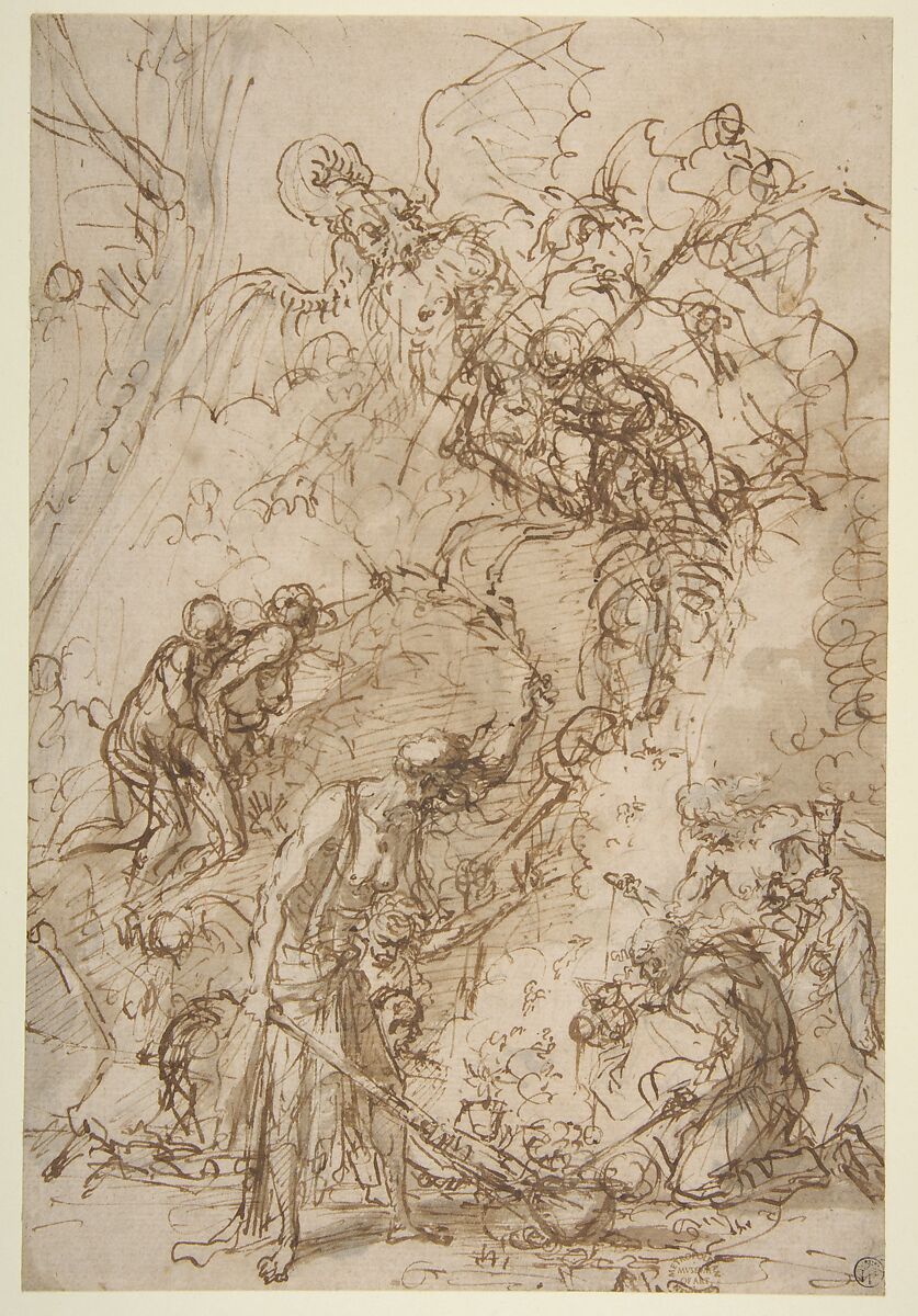 Witches' Sabbath, Salvator Rosa (Italian, Arenella (Naples) 1615–1673 Rome), Pen and brown ink, brush and brown wash 