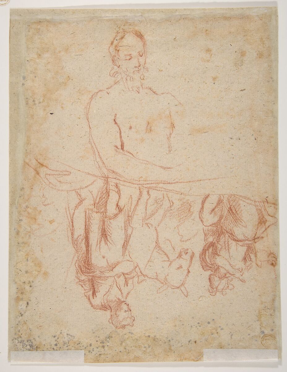 Study for a Raising of Lazarus (recto); half-length study of bearded nude male figure, and a man and woman with donkey (verso), Salvator Rosa (Italian, Arenella (Naples) 1615–1673 Rome), Red chalk highlighted with white chalk