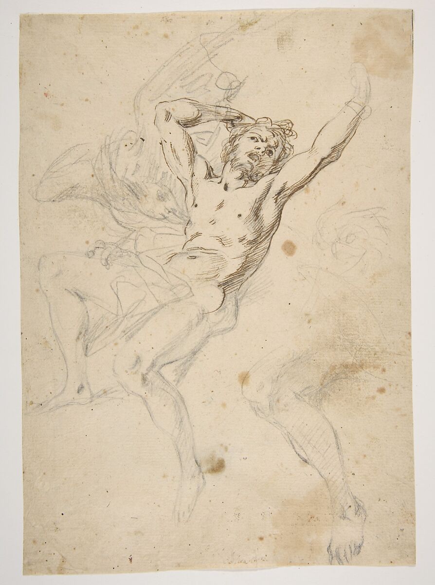 Study for a Prometheus Bound (recto); slight sketch of head and shoulders of man in lead pencil (verso), Salvator Rosa (Italian, Arenella (Naples) 1615–1673 Rome), Pen, brown ink and lead graphite 
