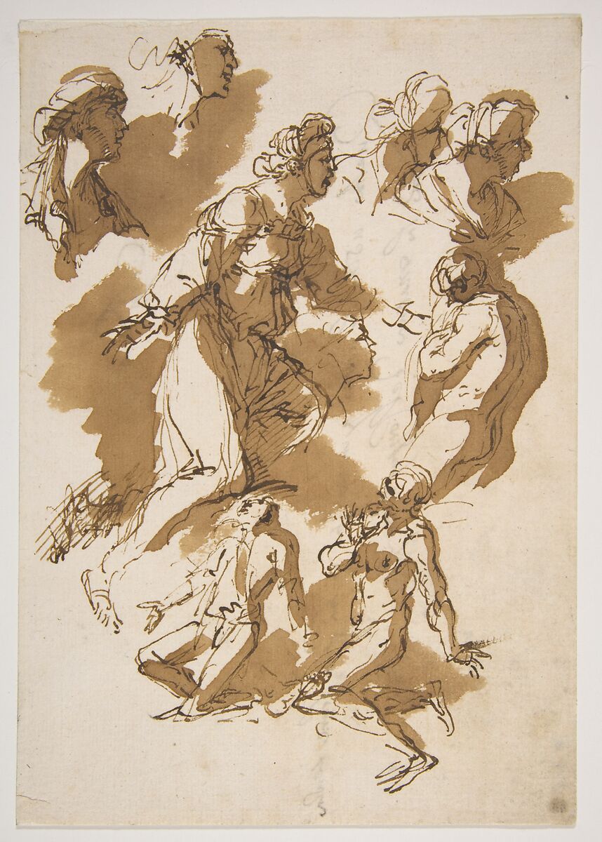 Studies of Kneeling Figures, Salvator Rosa (Italian, Arenella (Naples) 1615–1673 Rome), Pen and brown ink, brush and brown wash 