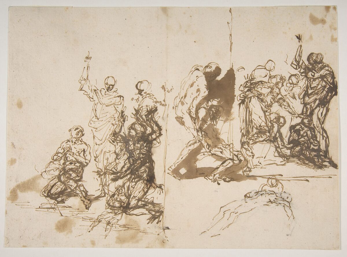 The Raising of Lazarus, Salvator Rosa (Italian, Arenella (Naples) 1615–1673 Rome), Pen and brown ink, brush and brown wash, over a little black chalk 
