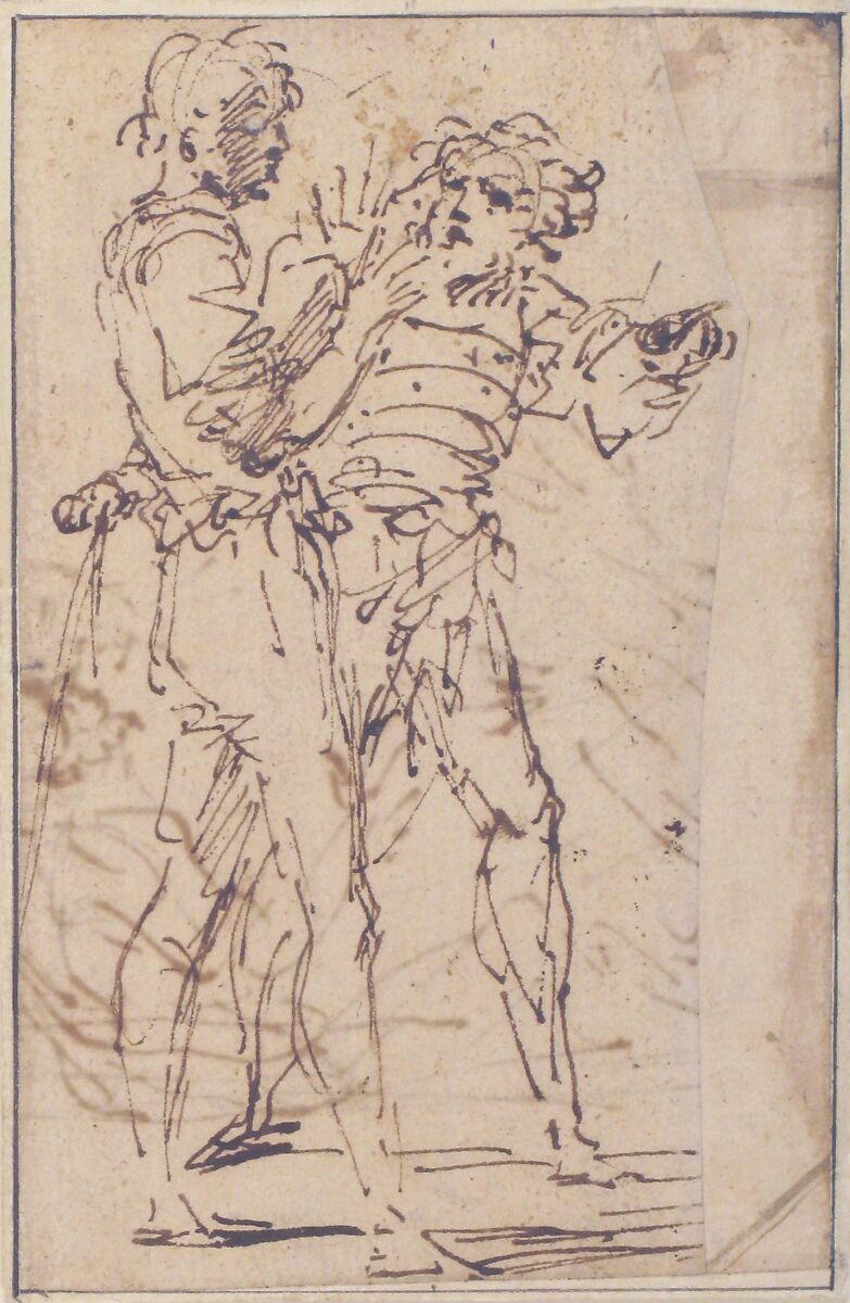 Two Standing Men Gesticulating, Salvator Rosa (Italian, Arenella (Naples) 1615–1673 Rome), Pen and brown ink. Pen scribbles on verso are indistinctly visible on recto