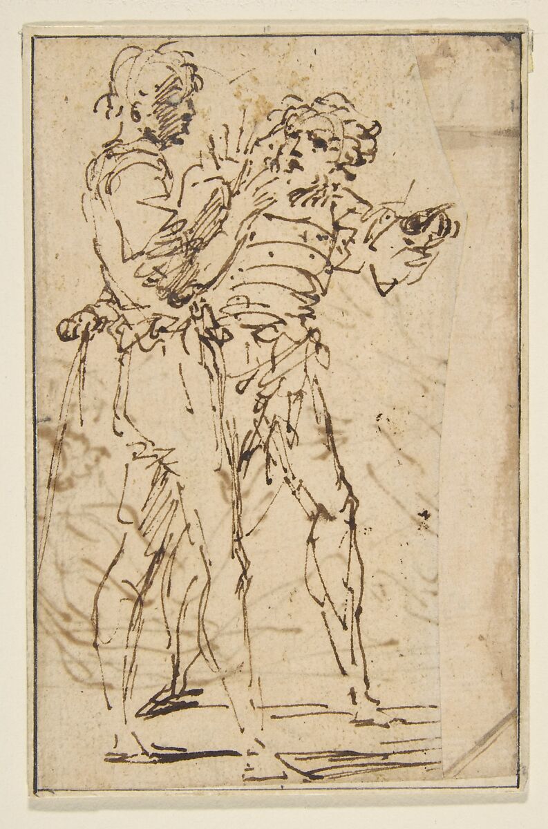 Two Standing Men Gesticulating, Salvator Rosa (Italian, Arenella (Naples) 1615–1673 Rome), Pen and brown ink. Pen scribbles on verso are indistinctly visible on recto 
