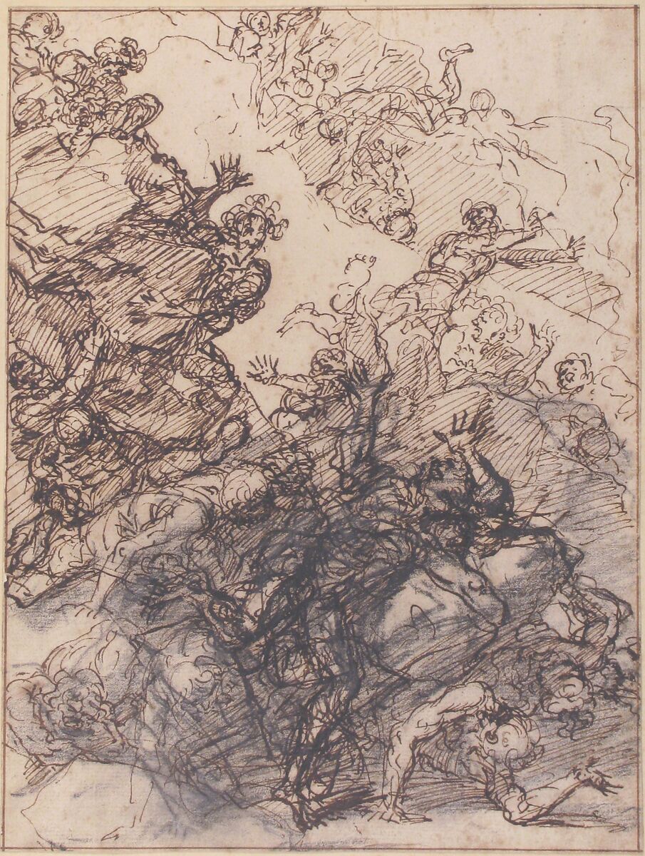 The Fall of the Giants, Salvator Rosa (Italian, Arenella (Naples) 1615–1673 Rome), Pen and brown ink, over charcoal