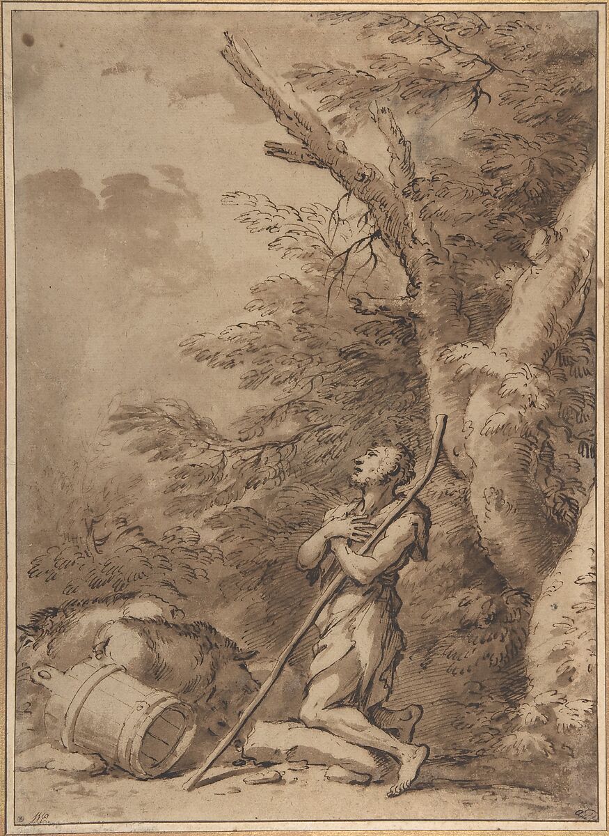 The Prodigal Son Kneeling Repentant among Swine, Salvator Rosa (Italian, Arenella (Naples) 1615–1673 Rome), Pen and brown ink, brown wash, on brownish paper 