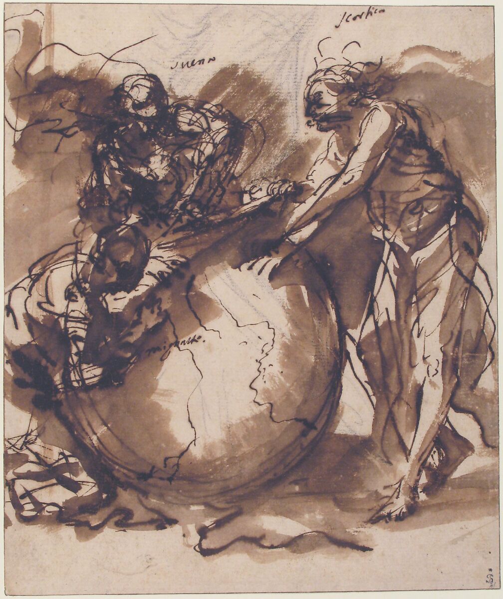 Three Figures around a globe, Salvator Rosa (Italian, Arenella (Naples) 1615–1673 Rome), Pen and brown ink, brush and brown wash, over traces of black chalk
