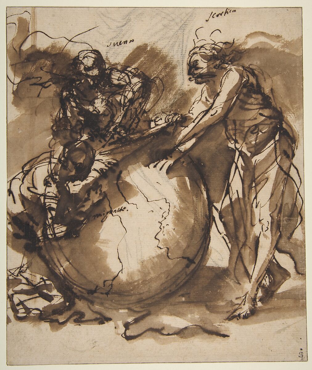 Three Figures around a globe, Salvator Rosa  Italian, Pen and brown ink, brush and brown wash, over traces of black chalk