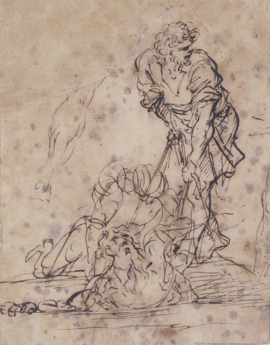 Studies for a Figure Lifted from a Grave or Pit by Cords (recto); Further Study of the Same Figure (verso), Salvator Rosa (Italian, Arenella (Naples) 1615–1673 Rome), Pen and brown ink (recto and verso)