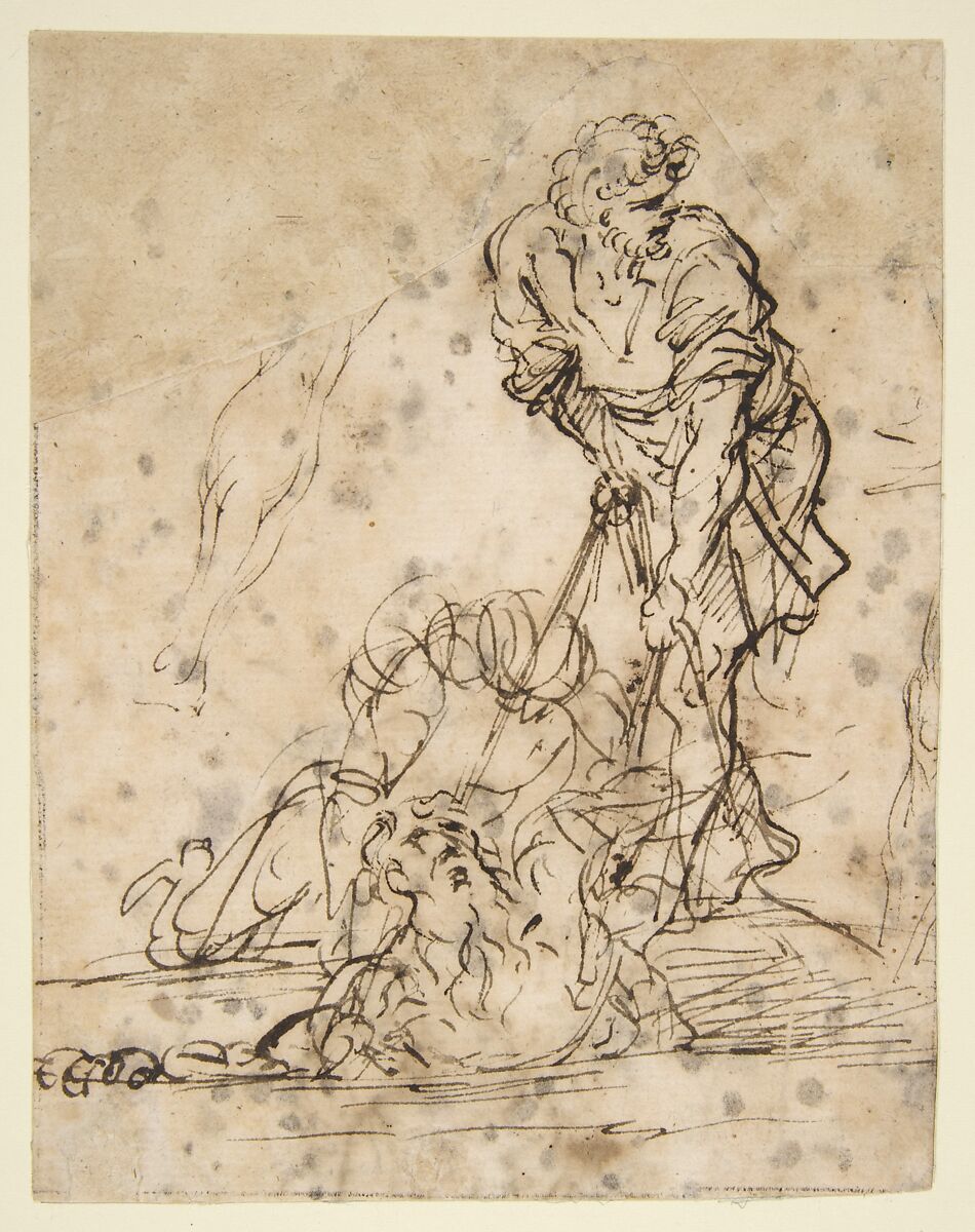 Studies for a Figure Lifted from a Grave or Pit by Cords.  V e r s o: Further Study of the Same Figure, Salvator Rosa (Italian, Arenella (Naples) 1615–1673 Rome), Pen and brown ink (recto and verso) 